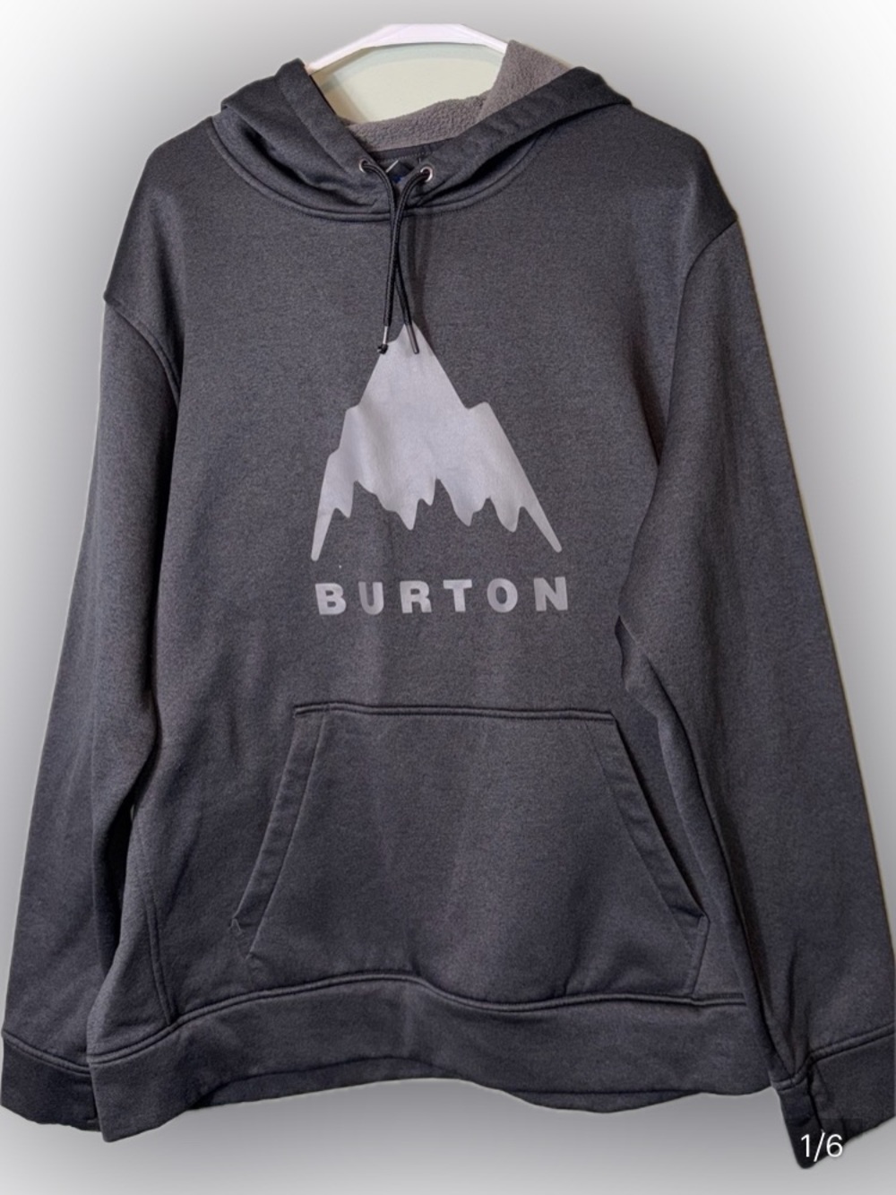 Burton Gray grey hoodie with White Mountain Logo & thumb holes XL